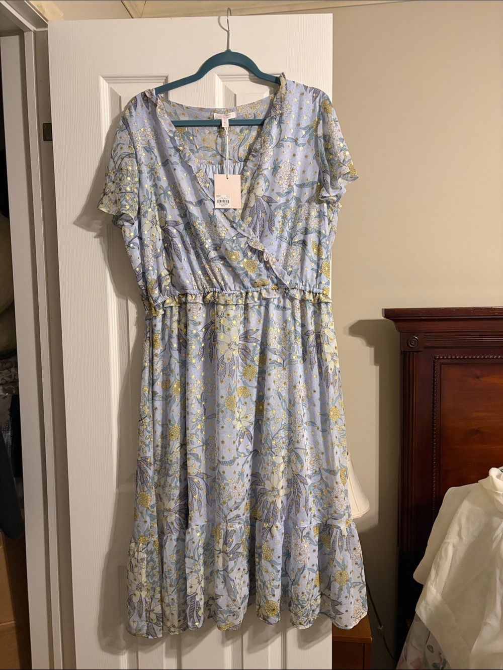 Light Blue Floral Wrap Midi Dress - Women's